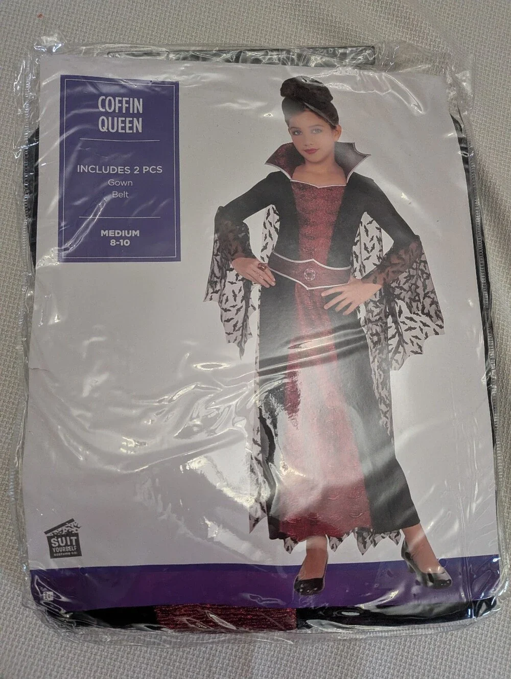 Girls Coffin Queen Vampire Dracula Dress Gown Costume - - Bat Lace Sleeves